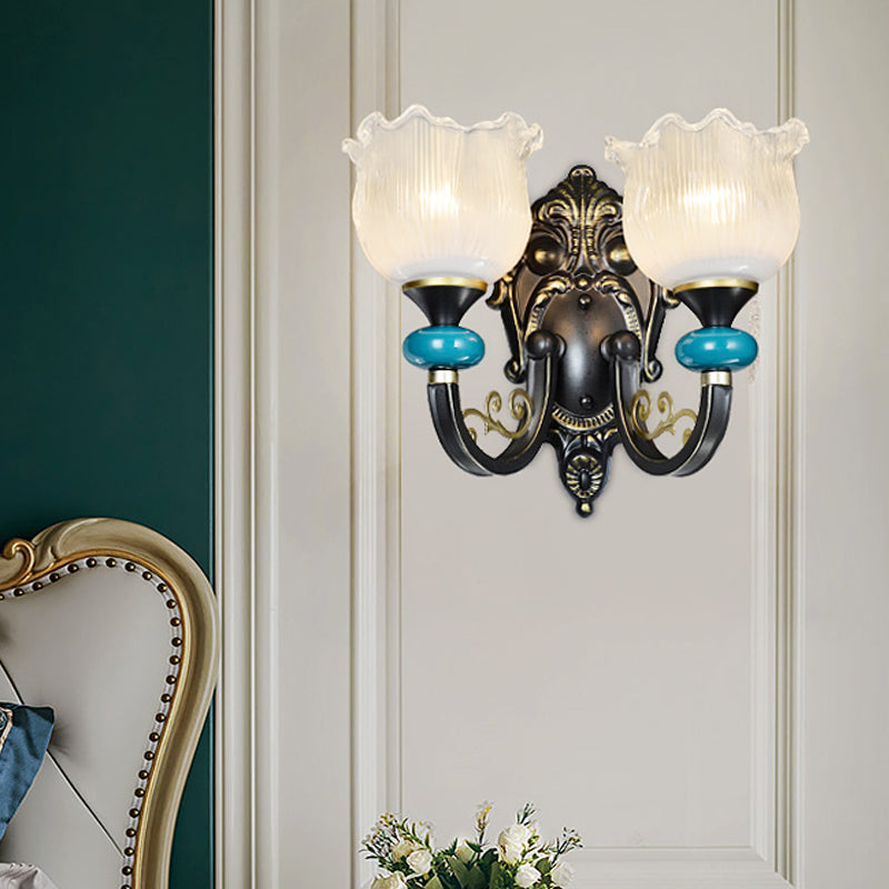 Vivolux | Klar gerippter Glas Schwarze Wandleuchte Blume 1/2 Glühbirnen Landhaus Wandmontierte Lampe mit gebogenem Arm