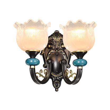 Vivolux | Klar gerippter Glas Schwarze Wandleuchte Blume 1/2 Glühbirnen Landhaus Wandmontierte Lampe mit gebogenem Arm