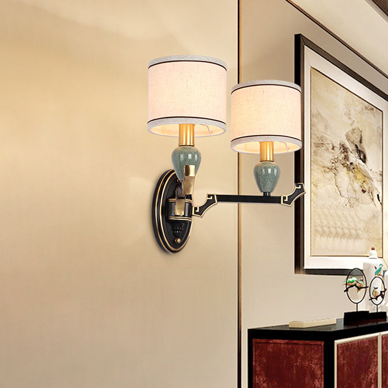 Vivolux | 1/2-Birne Wandmontierte Lampe Traditionelle Trommel Stoff Wand Sconces Beleuchtung in Schwarz für Schlafzimmer