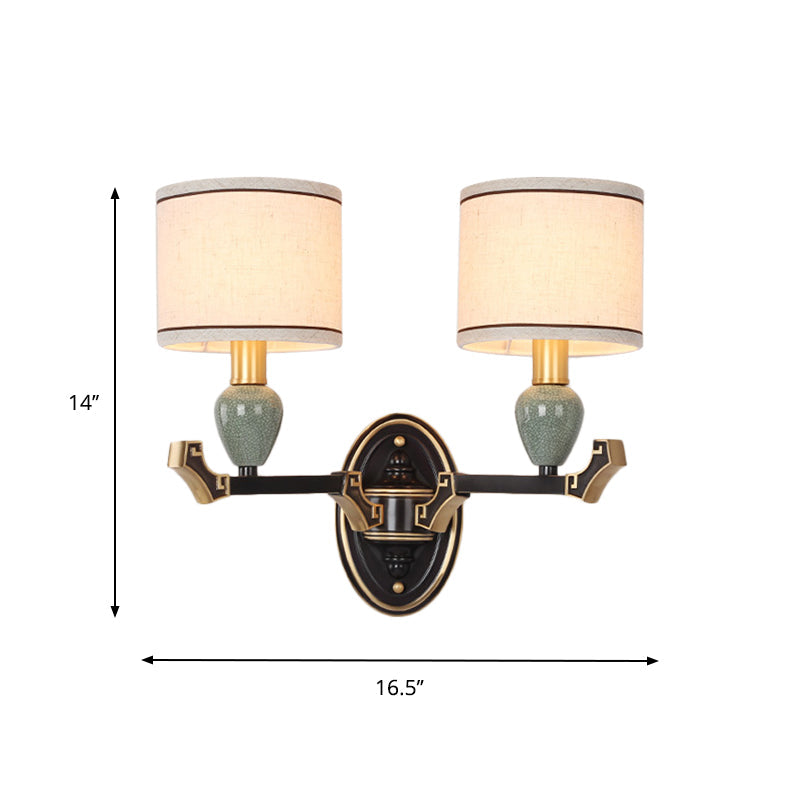 Vivolux | 1/2-Birne Wandmontierte Lampe Traditionelle Trommel Stoff Wand Sconces Beleuchtung in Schwarz für Schlafzimmer