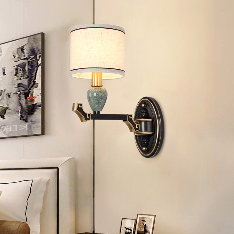 Vivolux | 1/2-Birne Wandmontierte Lampe Traditionelle Trommel Stoff Wand Sconces Beleuchtung in Schwarz für Schlafzimmer