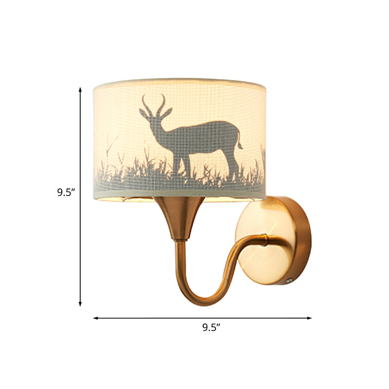 Vivolux | Stoffe Trommel Wandmontage Beleuchtung Klassisch 1 Licht Schlafzimmer Hirsch/Blatt Muster Wandlampe aus Messing mit Schwanenhalsarm
