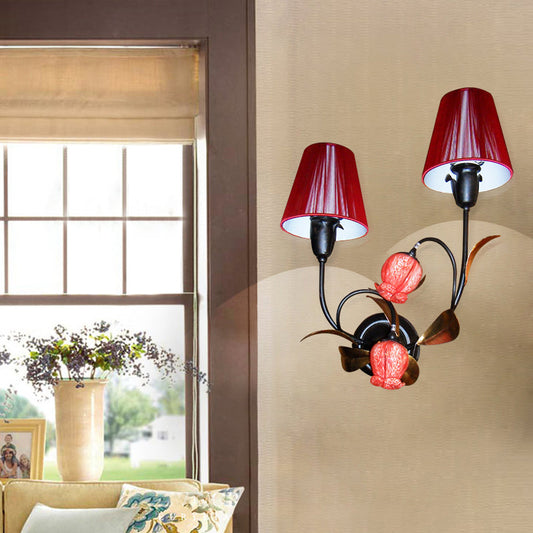 Vivolux | Rote Kegel Wandlampe Koreanische Blume Plissee Stoff 4-Kopf Lounge Wandleuchte mit Blumenknospen-Schirm
