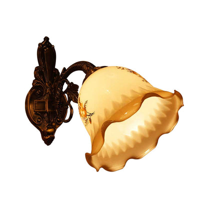 Vivolux | Handgeblazen Opalglas klok sconce Koreaanse bloem 1 hoofd bedside wandlamp met rimpelrand in brons