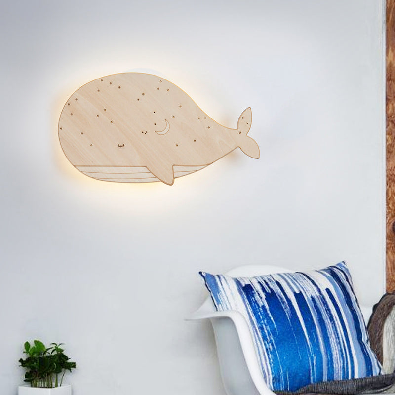 Vivolux | Beige Sluimerende Walvis Opbouw Cartoon Houten LED Wandlamp Fixture voor Kleuterschool, Links/Rechts