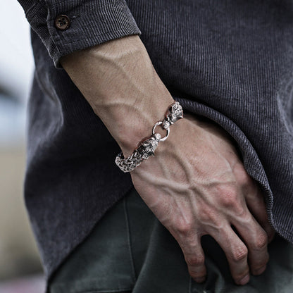 Viking Edelstahl Doppelwolfkopf Fenrir Armband