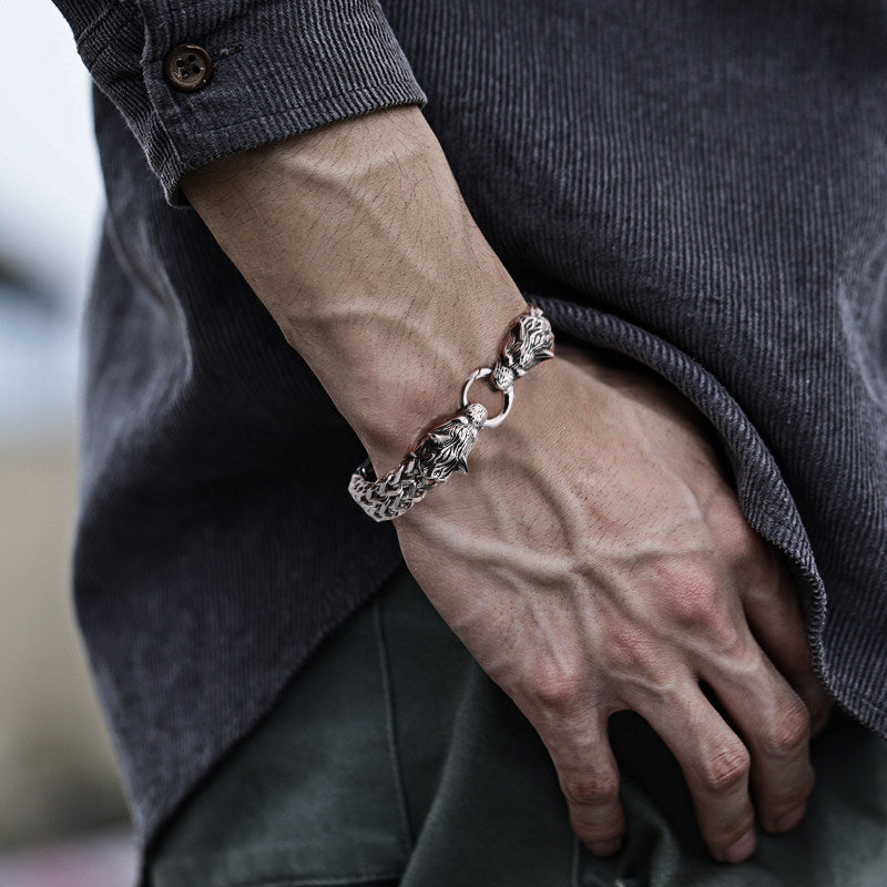 Vivolux | Viking Edelstahl Doppelwolfkopf Fenrir Armband