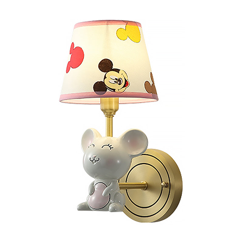 Vivolux | Einzelkopf-Schlafzimmer-Wandleuchte Cartoon Gold Wandleuchte mit Barrel-Stoffschirm und Maus-Deko