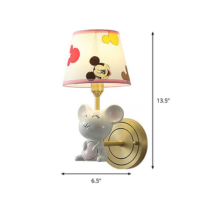 Vivolux | Einzelkopf-Schlafzimmer-Wandleuchte Cartoon Gold Wandleuchte mit Barrel-Stoffschirm und Maus-Deko