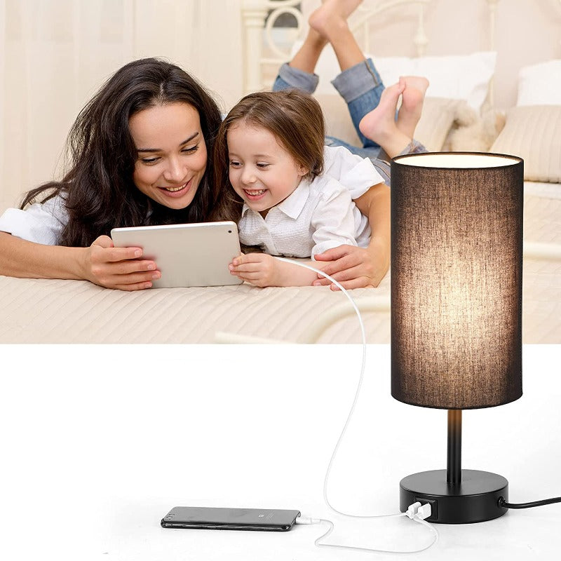 Vivolux | Lampe mit USB-Anschluss Touch-Control Tischlampe für Schlafzimmer Holz 3-stufig dimmbare Nachttischlampe mit runder Leinenstoff-Schirm für Wohnzimmer, Studentenwohnheim, Home Office