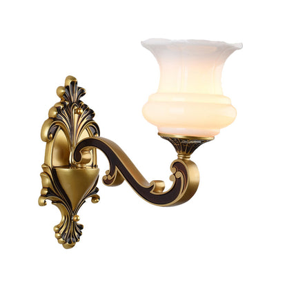 Vivolux | Vintage Gebogen Arm Wandverlichting Idee 1/2-Bol Metalen Wandlamp in Messing met Bloem Melkglas Shade