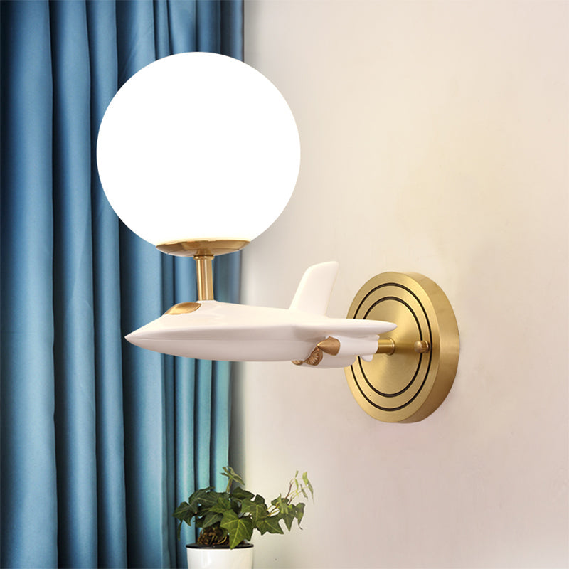 Vivolux | Kids Spaceship Shape Base Gold Wall Light Fixture 1/2 Bulbs Sconce Light with Globe Cream Glass Shade in White and Gold