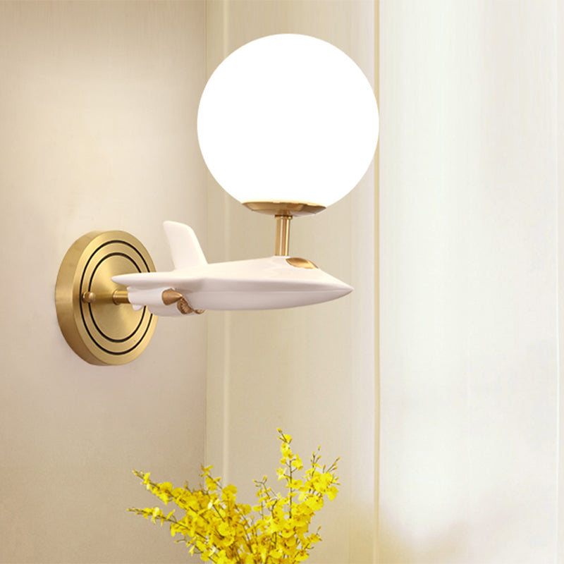 Vivolux | Kids Spaceship Shape Base Gold Wall Light Fixture 1/2 Bulbs Sconce Light with Globe Cream Glass Shade in White and Gold