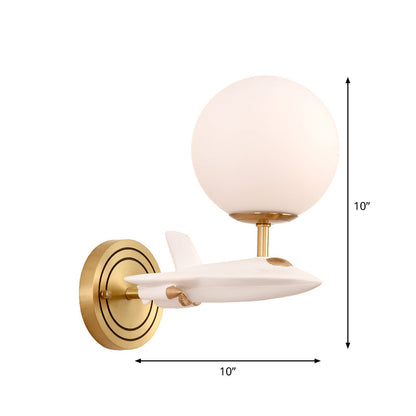 Vivolux | Kids Spaceship Shape Base Gold Wall Light Fixture 1/2 Bulbs Sconce Light with Globe Cream Glass Shade in White and Gold