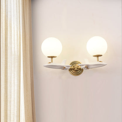 Vivolux | Kids Spaceship Shape Base Gold Wall Light Fixture 1/2 Bulbs Sconce Light with Globe Cream Glass Shade in White and Gold