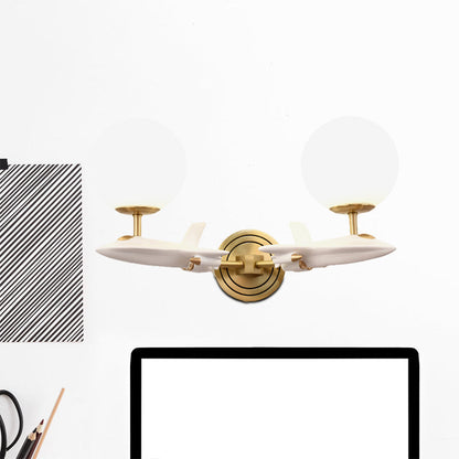 Vivolux | Kids Spaceship Shape Base Gold Wall Light Fixture 1/2 Bulbs Sconce Light with Globe Cream Glass Shade in White and Gold