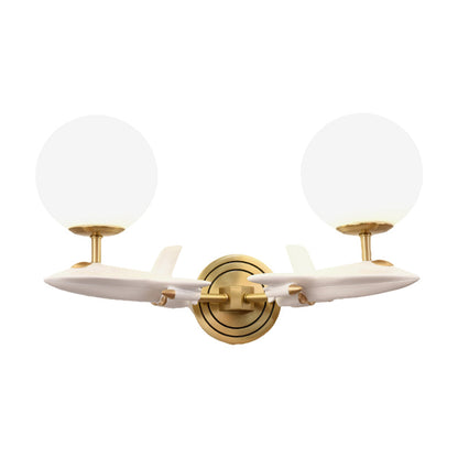 Vivolux | Kids Spaceship Shape Base Gold Wall Light Fixture 1/2 Bulbs Sconce Light with Globe Cream Glass Shade in White and Gold