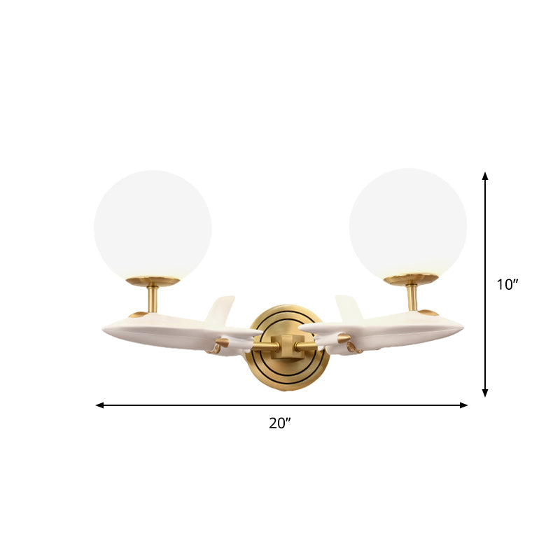 Vivolux | Kids Spaceship Shape Base Gold Wall Light Fixture 1/2 Bulbs Sconce Light with Globe Cream Glass Shade in White and Gold