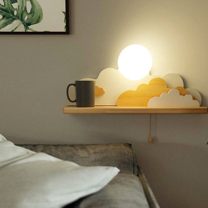 Vivolux | Moderne Cloud Holz Wandleuchte 1 Licht Wandmontierte Leuchte in Blau/Weiß/Grau mit runder Glasabdeckung und Ein/Aus Zugkette