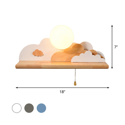 Vivolux | Moderne Cloud Holz Wandleuchte 1 Licht Wandmontierte Leuchte in Blau/Weiß/Grau mit runder Glasabdeckung und Ein/Aus Zugkette