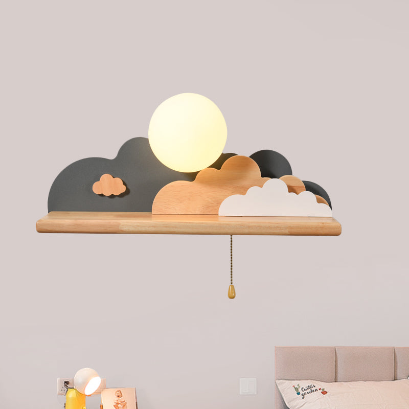 Vivolux | Moderne Cloud Holz Wandleuchte 1 Licht Wandmontierte Leuchte in Blau/Weiß/Grau mit runder Glasabdeckung und Ein/Aus Zugkette