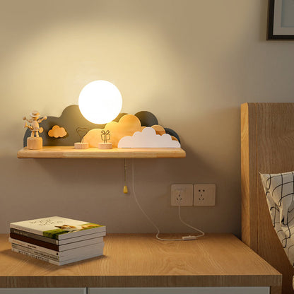 Vivolux | Moderne Cloud Holz Wandleuchte 1 Licht Wandmontierte Leuchte in Blau/Weiß/Grau mit runder Glasabdeckung und Ein/Aus Zugkette