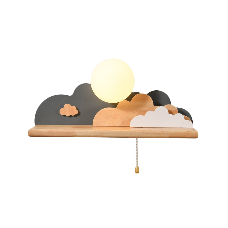 Vivolux | Moderne Cloud Holz Wandleuchte 1 Licht Wandmontierte Leuchte in Blau/Weiß/Grau mit runder Glasabdeckung und Ein/Aus Zugkette