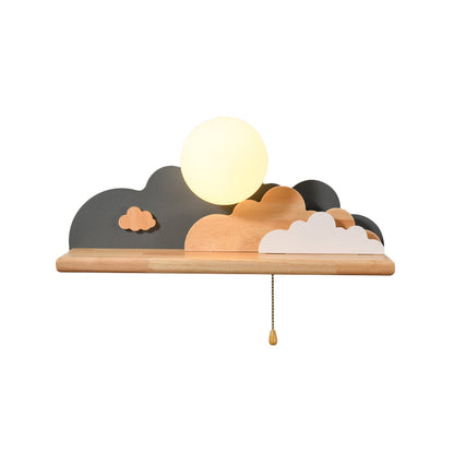 Vivolux | Moderne Cloud Holz Wandleuchte 1 Licht Wandmontierte Leuchte in Blau/Weiß/Grau mit runder Glasabdeckung und Ein/Aus Zugkette