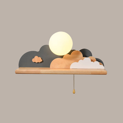 Vivolux | Moderne Cloud Holz Wandleuchte 1 Licht Wandmontierte Leuchte in Blau/Weiß/Grau mit runder Glasabdeckung und Ein/Aus Zugkette