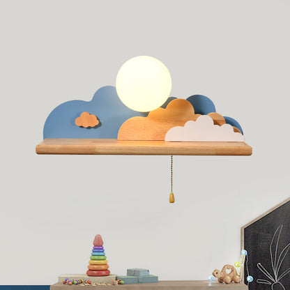 Vivolux | Moderne Cloud Holz Wandleuchte 1 Licht Wandmontierte Leuchte in Blau/Weiß/Grau mit runder Glasabdeckung und Ein/Aus Zugkette