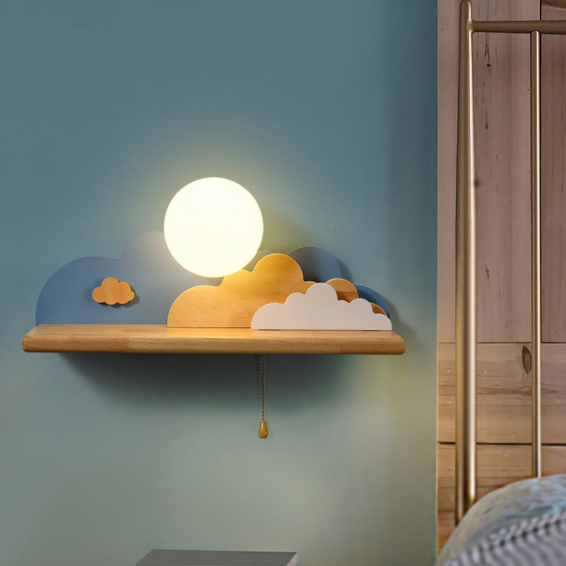 Vivolux | Moderne Cloud Holz Wandleuchte 1 Licht Wandmontierte Leuchte in Blau/Weiß/Grau mit runder Glasabdeckung und Ein/Aus Zugkette