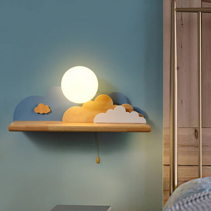 Vivolux | Moderne Cloud Holz Wandleuchte 1 Licht Wandmontierte Leuchte in Blau/Weiß/Grau mit runder Glasabdeckung und Ein/Aus Zugkette