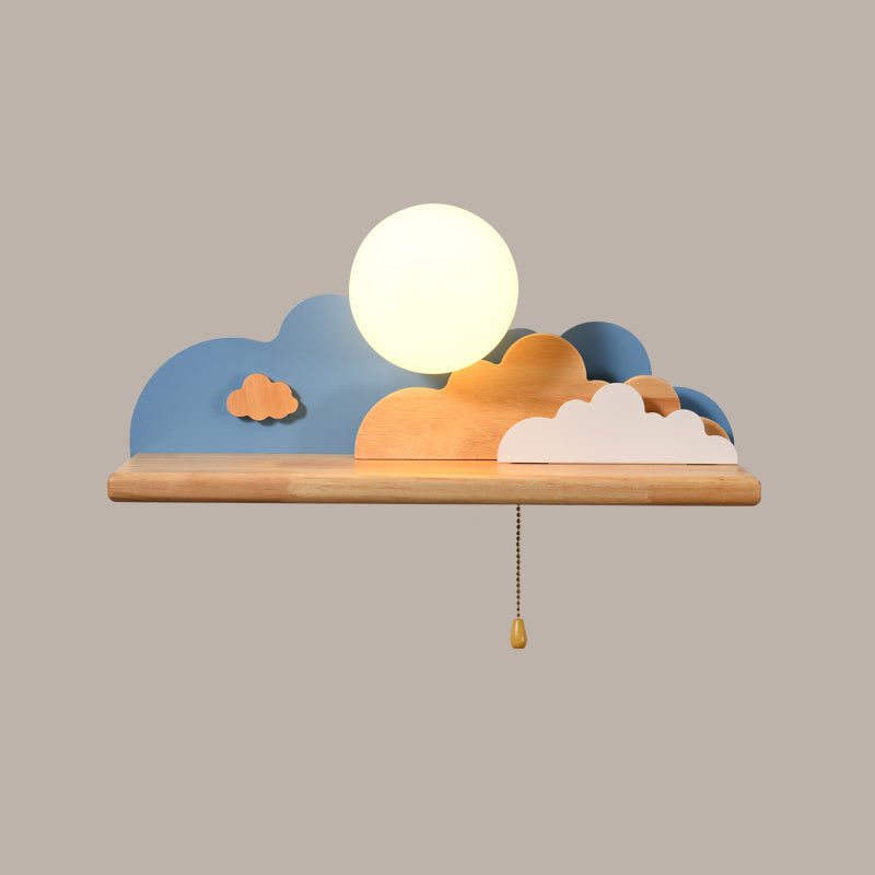 Vivolux | Moderne Cloud Holz Wandleuchte 1 Licht Wandmontierte Leuchte in Blau/Weiß/Grau mit runder Glasabdeckung und Ein/Aus Zugkette