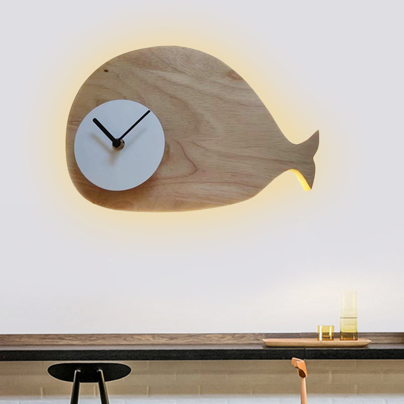 Vivolux | Schwarz/Weiß/Beige Wal Wandbeleuchtung Cartoon Holz LED Wandlampe mit/ohne Uhr in Warm/Weiß Licht