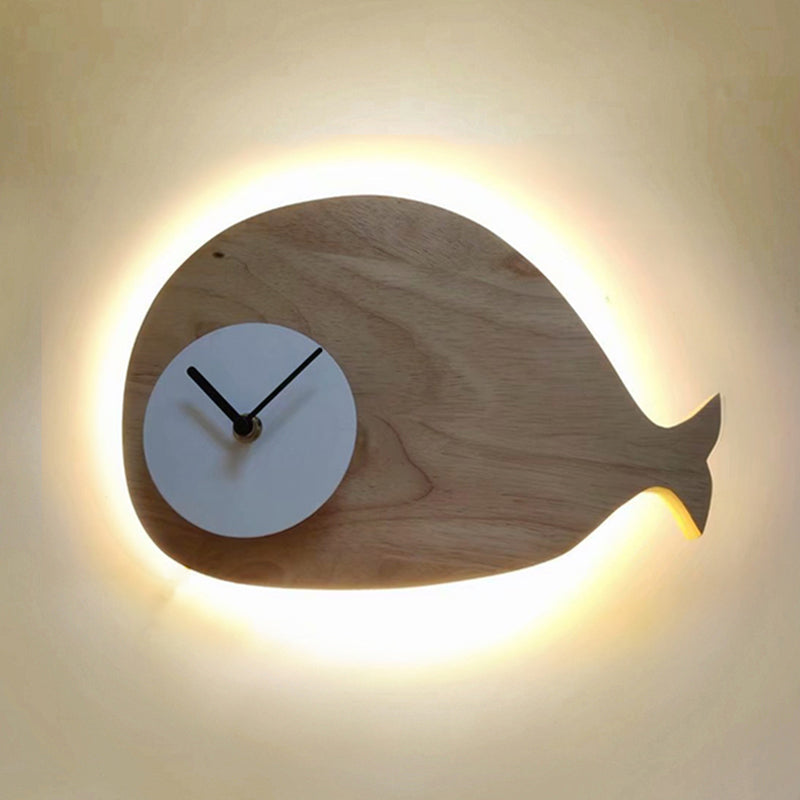 Vivolux | Schwarz/Weiß/Beige Wal Wandbeleuchtung Cartoon Holz LED Wandlampe mit/ohne Uhr in Warm/Weiß Licht