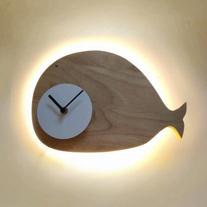 Vivolux | Schwarz/Weiß/Beige Wal Wandbeleuchtung Cartoon Holz LED Wandlampe mit/ohne Uhr in Warm/Weiß Licht