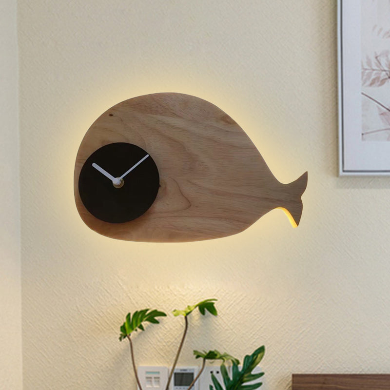 Vivolux | Schwarz/Weiß/Beige Wal Wandbeleuchtung Cartoon Holz LED Wandlampe mit/ohne Uhr in Warm/Weiß Licht