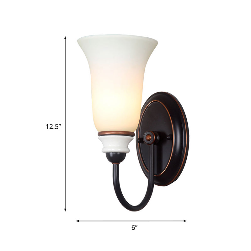 Vivolux | Bell Schlafzimmer Wand Sconce Licht Vintage Milchglas 1 Licht Schwarz Wandlampe mit Gänseneckarm