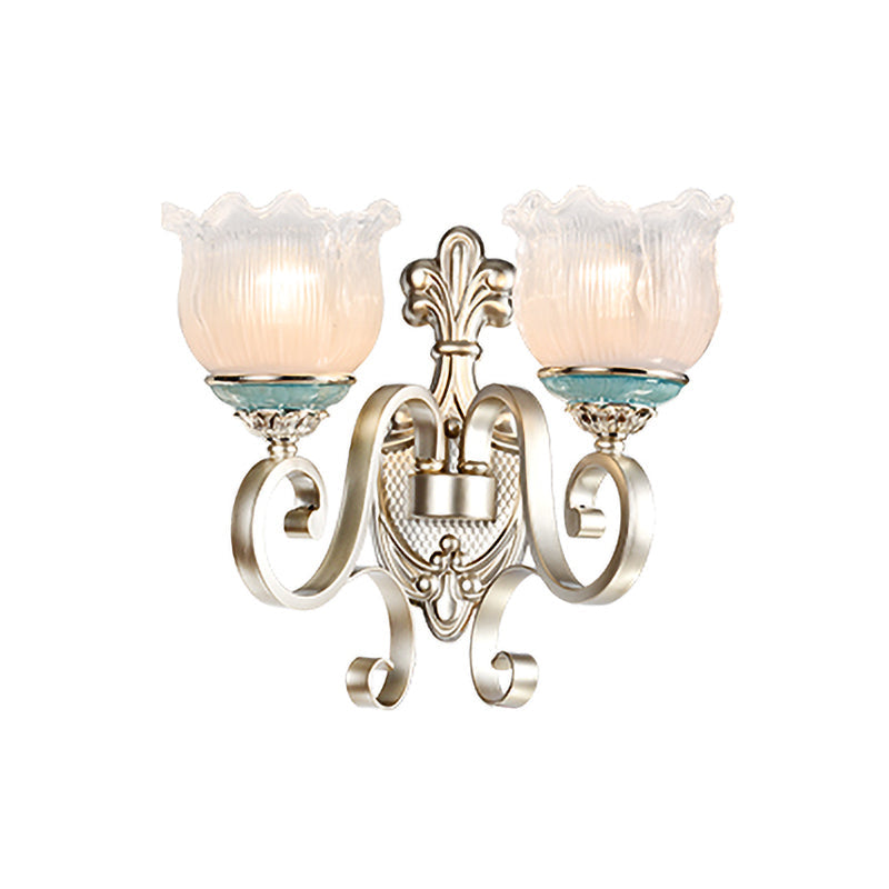 Vivolux | Zilver 1/2-Head Wandverlichting Traditionele Crème Glazen Bloesem Wandlamp met Geschulpte Arm