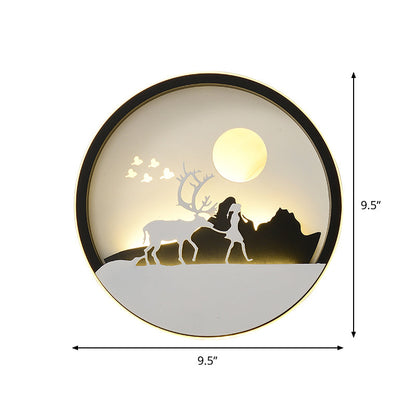 Vivolux | Metalen Ronde Wandverlichting Idee Modernistische LED Zwarte Wandlamp Wandmontage met Hert en Meisje/Eagle/Windmolen Ontwerp