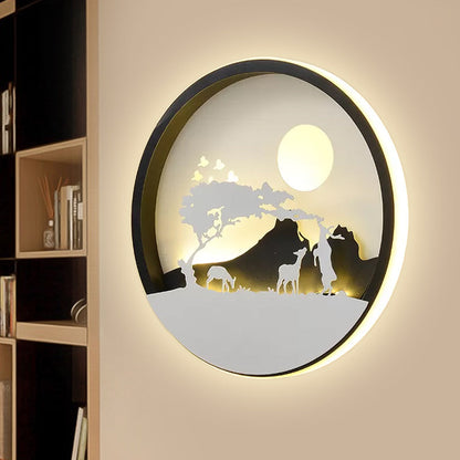 Vivolux | Metalen Ronde Wandverlichting Idee Modernistische LED Zwarte Wandlamp Wandmontage met Hert en Meisje/Eagle/Windmolen Ontwerp