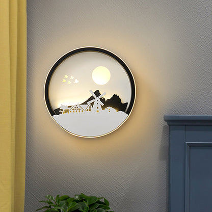 Vivolux | Metalen Ronde Wandverlichting Idee Modernistische LED Zwarte Wandlamp Wandmontage met Hert en Meisje/Eagle/Windmolen Ontwerp