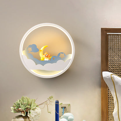 Vivolux | Witte Wolk Wandlamp Verlichting Hedendaagse LED Acrylaat Ring Wandlamp Fixture met Meisje/Bear/Kleine Monnik Deco