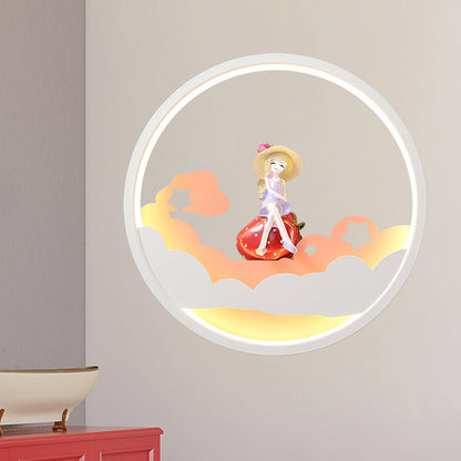 Vivolux | Witte Wolk Wandlamp Verlichting Hedendaagse LED Acrylaat Ring Wandlamp Fixture met Meisje/Bear/Kleine Monnik Deco