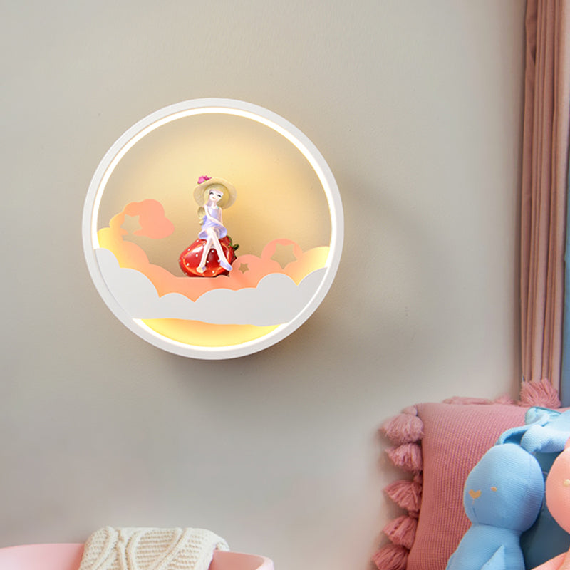 Vivolux | Witte Wolk Wandlamp Verlichting Hedendaagse LED Acrylaat Ring Wandlamp Fixture met Meisje/Bear/Kleine Monnik Deco