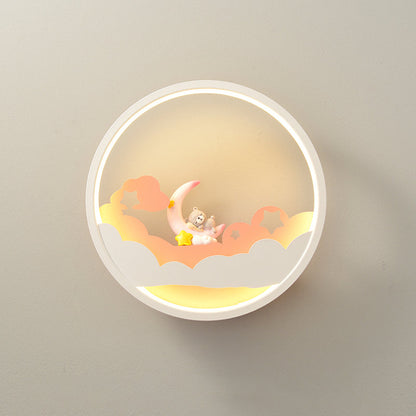 Vivolux | Witte Wolk Wandlamp Verlichting Hedendaagse LED Acrylaat Ring Wandlamp Fixture met Meisje/Bear/Kleine Monnik Deco