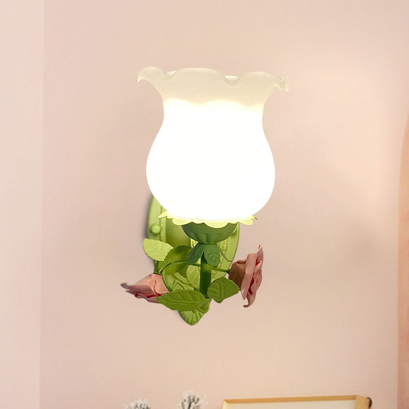 Vivolux | 1 Lichtsconces Lichtarmatuur met Bloem Glas Rustieke Slaapkamer Wandlamp met Bloei Deco in Wit/Groen