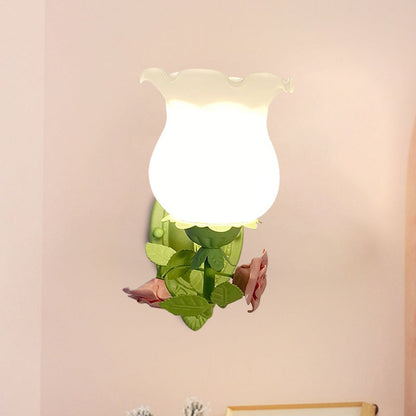 Vivolux | 1 Lichtsconces Lichtarmatuur met Bloem Glas Rustieke Slaapkamer Wandlamp met Bloei Deco in Wit/Groen