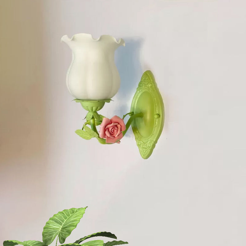 Vivolux | 1 Lichtsconces Lichtarmatuur met Bloem Glas Rustieke Slaapkamer Wandlamp met Bloei Deco in Wit/Groen