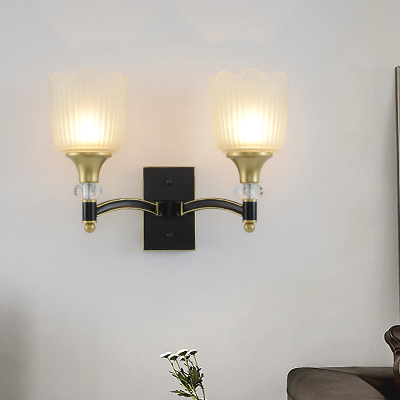 Vivolux | Farmhouse Scalloped Floral Wandverlichting 1/2 Koppen Opal Glas Muurmontage Lamp in Zwart en Goud